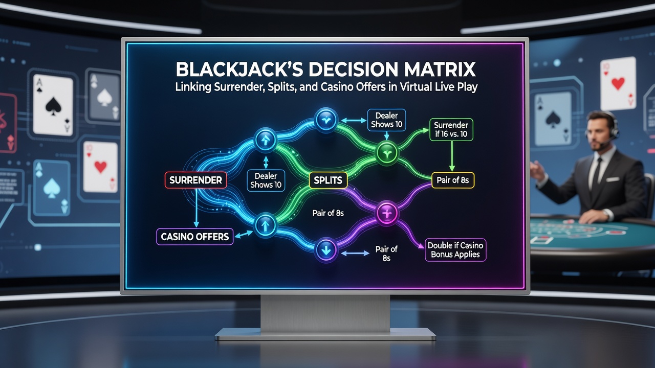 Virtual live blackjack table interface displaying split and surrender prompts alongside bonus indicators